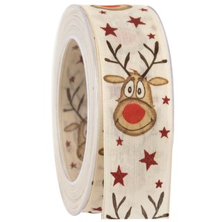 20 m x 40 mm Dekoband Rudolf CREME ROT BEIGE Stoffband mit Drahtkanten Hirsch Muster Reindeer Schleifenband Weihnachtsband