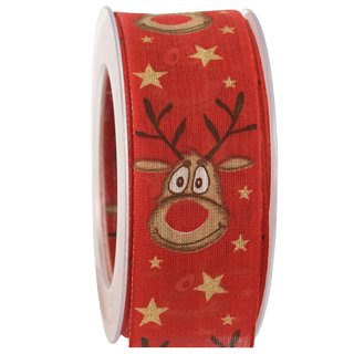 20 m x 40 mm Dekoband Rudolf ROT GOLD Stoffband mit Drahtkanten Hirsch Muster Reindeer Schleifenband Weihnachtsband
