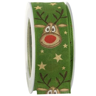 20 m x 40 mm Dekoband Rudolf GRN GOLD Stoffband mit Drahtkanten Hirsch Muster Reindeer Schleifenband Weihnachtsband