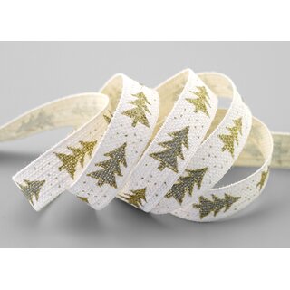 3 m x 15 mm Dekoband Happy Christmas Tree CREME GRAU GOLD Stoffband Natur Weihnachtsbaum 100% Baumwolle umweltfreundlich Schleifenband Weihnachtsband