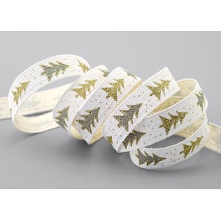 3 m x 15 mm Dekoband Happy Christmas Tree CREME GRAU GOLD Stoffband Natur Weihnachtsbaum 100% Baumwolle umweltfreundlich Schleifenband Weihnachtsband