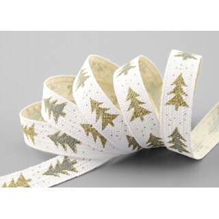 3 m x 15 mm Dekoband Happy Christmas Tree CREME GRAU GOLD Stoffband Natur Weihnachtsbaum 100% Baumwolle umweltfreundlich Schleifenband Weihnachtsband