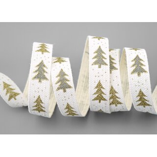 3 m x 15 mm Dekoband Happy Christmas Tree CREME GRAU GOLD Stoffband Natur Weihnachtsbaum 100% Baumwolle umweltfreundlich Schleifenband Weihnachtsband