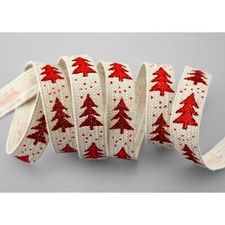 20 m x 15 mm Dekoband Happy Christmas Tree BEIGE ROT Stoffband Natur Weihnachtsbaum 100% Baumwolle umweltfreundlich Schleifenband Weihnachtsband