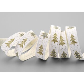 20 m x 15 mm Dekoband Happy Christmas Tree CREME GRAU GOLD Stoffband Natur Weihnachtsbaum 100% Baumwolle umweltfreundlich Schleifenband Weihnachtsband