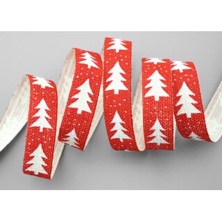 20 m x 15 mm Dekoband Happy Christmas Tree ROT WEISS Stoffband Natur Weihnachtsbaum 100% Baumwolle umweltfreundlich Schleifenband Weihnachtsband