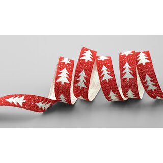 20 m x 15 mm Dekoband Happy Christmas Tree ROT WEISS Stoffband Natur Weihnachtsbaum 100% Baumwolle umweltfreundlich Schleifenband Weihnachtsband