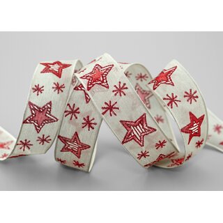 3 m x 25 mm Dekoband Happy Stars BEIGE ROT Natur Stoffband mit Drahtkanten Sterne Muster Schleifenband Weihnachtsband