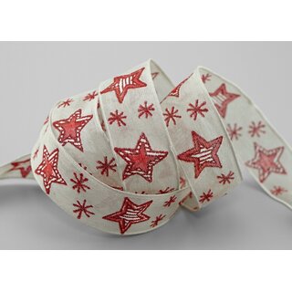3 m x 25 mm Dekoband Happy Stars BEIGE ROT Natur Stoffband mit Drahtkanten Sterne Muster Schleifenband Weihnachtsband