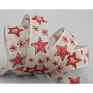 3 m x 25 mm Dekoband Happy Stars BEIGE ROT Natur Stoffband mit Drahtkanten Sterne Muster Schleifenband Weihnachtsband