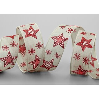 3 m x 25 mm Dekoband Happy Stars BEIGE ROT Natur Stoffband mit Drahtkanten Sterne Muster Schleifenband Weihnachtsband