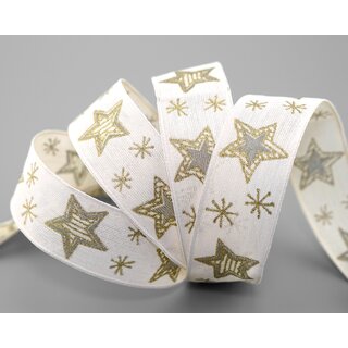 3 m x 25 mm Dekoband Happy Stars CREME GOLD Stoffband mit Drahtkanten Sterne Muster Schleifenband Weihnachtsband