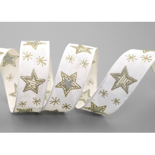 3 m x 25 mm Dekoband Happy Stars CREME GOLD Stoffband mit Drahtkanten Sterne Muster Schleifenband Weihnachtsband
