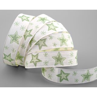 3 m x 25 mm Dekoband Happy Stars CREME GRN Stoffband mit Drahtkanten Sterne Muster Schleifenband Weihnachtsband