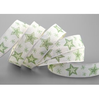 3 m x 25 mm Dekoband Happy Stars CREME GRN Stoffband mit Drahtkanten Sterne Muster Schleifenband Weihnachtsband