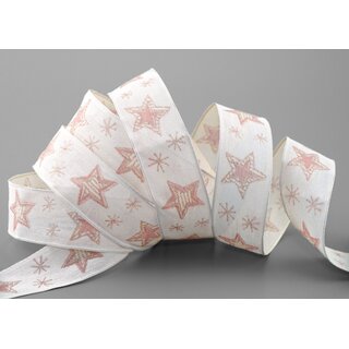 3 m x 25 mm Dekoband Happy Stars CREME ROSA Stoffband mit Drahtkanten Sterne Muster Schleifenband Weihnachtsband