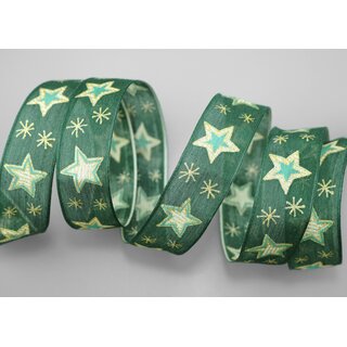 3 m x 25 mm Dekoband Happy Stars GRN GOLD Stoffband mit Drahtkanten Sterne Muster Schleifenband Weihnachtsband