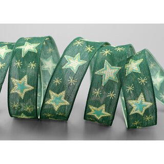 3 m x 25 mm Dekoband Happy Stars GRN GOLD Stoffband mit Drahtkanten Sterne Muster Schleifenband Weihnachtsband