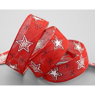 3 m x 25 mm Dekoband Happy Stars ROT WEISS Stoffband mit Drahtkanten Sterne Muster Schleifenband Weihnachtsband