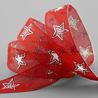 3 m x 25 mm Dekoband Happy Stars ROT WEISS Stoffband mit Drahtkanten Sterne Muster Schleifenband Weihnachtsband