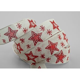 20 m x 25 mm Dekoband Happy Stars BEIGE ROT Natur Stoffband mit Drahtkanten Sterne Muster Schleifenband Weihnachtsband