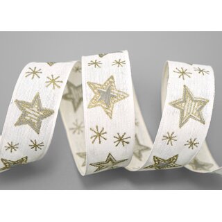 20 m x 25 mm Dekoband Happy Stars CREME GOLD Stoffband mit Drahtkanten Sterne Muster Schleifenband Weihnachtsband