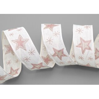 20 m x 25 mm Dekoband Happy Stars CREME ROSA Stoffband mit Drahtkanten Sterne Muster Schleifenband Weihnachtsband