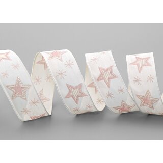 20 m x 25 mm Dekoband Happy Stars CREME ROSA Stoffband mit Drahtkanten Sterne Muster Schleifenband Weihnachtsband