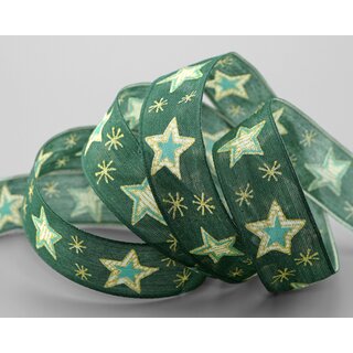 20 m x 25 mm Dekoband Happy Stars GRN GOLD Stoffband mit Drahtkanten Sterne Muster Schleifenband Weihnachtsband