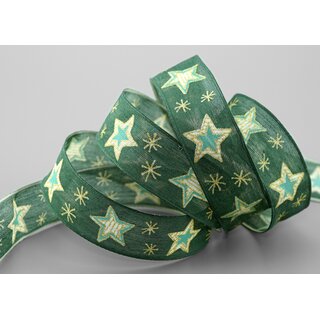 20 m x 25 mm Dekoband Happy Stars GRN GOLD Stoffband mit Drahtkanten Sterne Muster Schleifenband Weihnachtsband