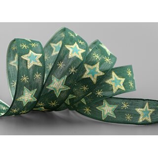 20 m x 25 mm Dekoband Happy Stars GRN GOLD Stoffband mit Drahtkanten Sterne Muster Schleifenband Weihnachtsband