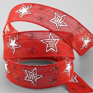 20 m x 25 mm Dekoband Happy Stars ROT WEISS Stoffband mit Drahtkanten Sterne Muster Schleifenband Weihnachtsband