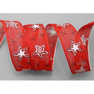 20 m x 25 mm Dekoband Happy Stars ROT WEISS Stoffband mit Drahtkanten Sterne Muster Schleifenband Weihnachtsband