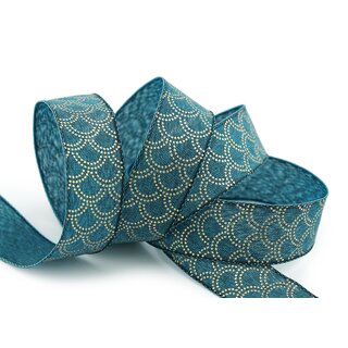 20 m x 25 mm Dekoband David PETROL GOLD Schleifenband Stoffband Blau mit formstabilen Kanten Lurex glnzend Weihnachten Baumwolloptik einseitig Gemustert
