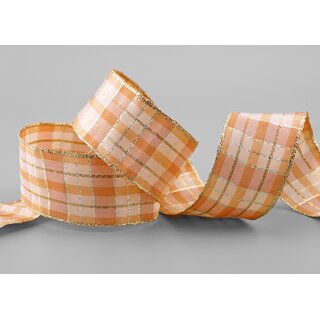 20 m x 40 mm Weihnachten Drahtkantenband KARO APRICOT GOLD 106 Lurex Goldkante
