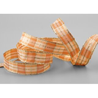 3 m x 15 mm Weihnachten Drahtkantenband KARO APRICOT GOLD 106 Lurex Goldkante