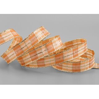 20 m x 15 mm Weihnachten Drahtkantenband KARO APRICOT GOLD 106 Lurex Goldkante