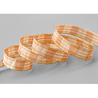20 m x 15 mm Weihnachten Drahtkantenband KARO APRICOT GOLD 106 Lurex Goldkante