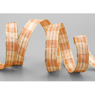 20 m x 15 mm Weihnachten Drahtkantenband KARO APRICOT GOLD 106 Lurex Goldkante
