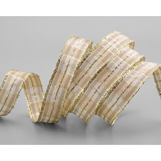20 m x 15 mm Weihnachten Drahtkantenband KARO BEIGE GOLD...