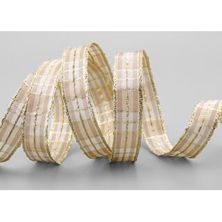 20 m x 15 mm Weihnachten Drahtkantenband KARO BEIGE GOLD 161 Lurex Goldkante