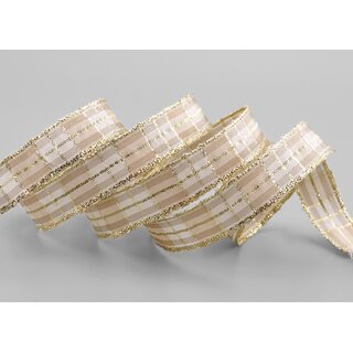 20 m x 15 mm Weihnachten Drahtkantenband KARO BEIGE GOLD 161 Lurex Goldkante