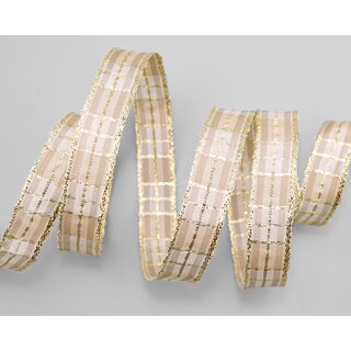 3 m x 15 mm Weihnachten Drahtkantenband KARO BEIGE GOLD 161 Lurex Goldkante