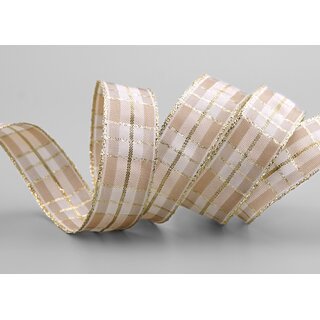 20 m x 25 mm Weihnachten Drahtkantenband KARO BEIGE GOLD...