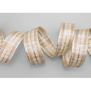 20 m x 25 mm Weihnachten Drahtkantenband KARO BEIGE GOLD 161 Lurex Goldkante