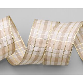 3 m x 40 mm Weihnachten Drahtkantenband KARO BEIGE GOLD 161 Lurex Goldkante