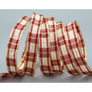 20 m x 15 mm Weihnachten Drahtkantenband KARO BORDEAUX CREME GOLD 124 Lurex Goldkante