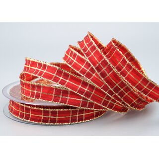 20 m x 15 mm Weihnachten Drahtkantenband KARO ROT GOLD...