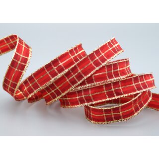3 m x 15 mm Weihnachten Drahtkantenband KARO ROT GOLD 151 Lurex Goldkante