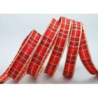 3 m x 15 mm Weihnachten Drahtkantenband KARO ROT GOLD 151 Lurex Goldkante